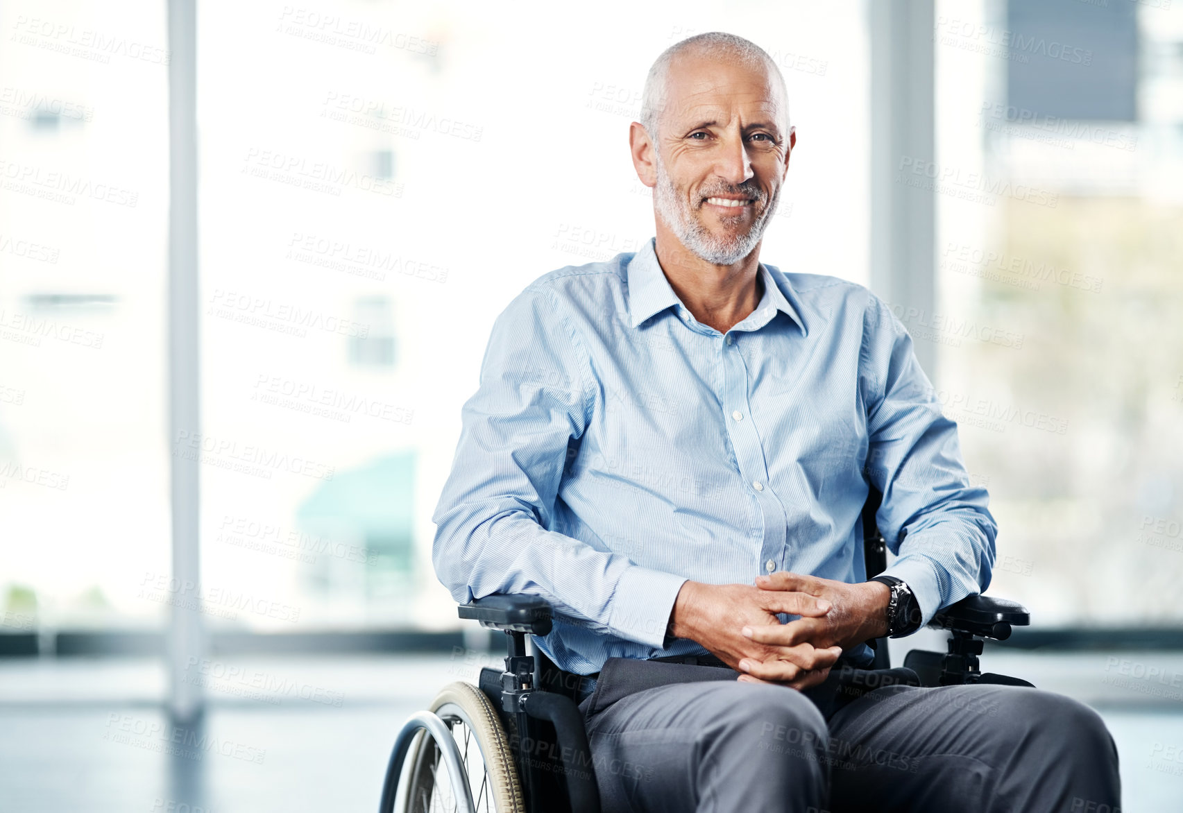 Buy stock photo Happy, wheelchair and portrait of a man with a disability at a hospital for rehabilitation. Disabled, health insurance and a senior patient with a smile at a clinic for nursing and recovery care