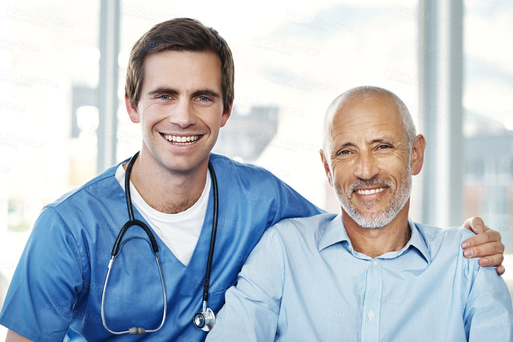 Buy stock photo Portrait of a male nurse caring for a senior patient