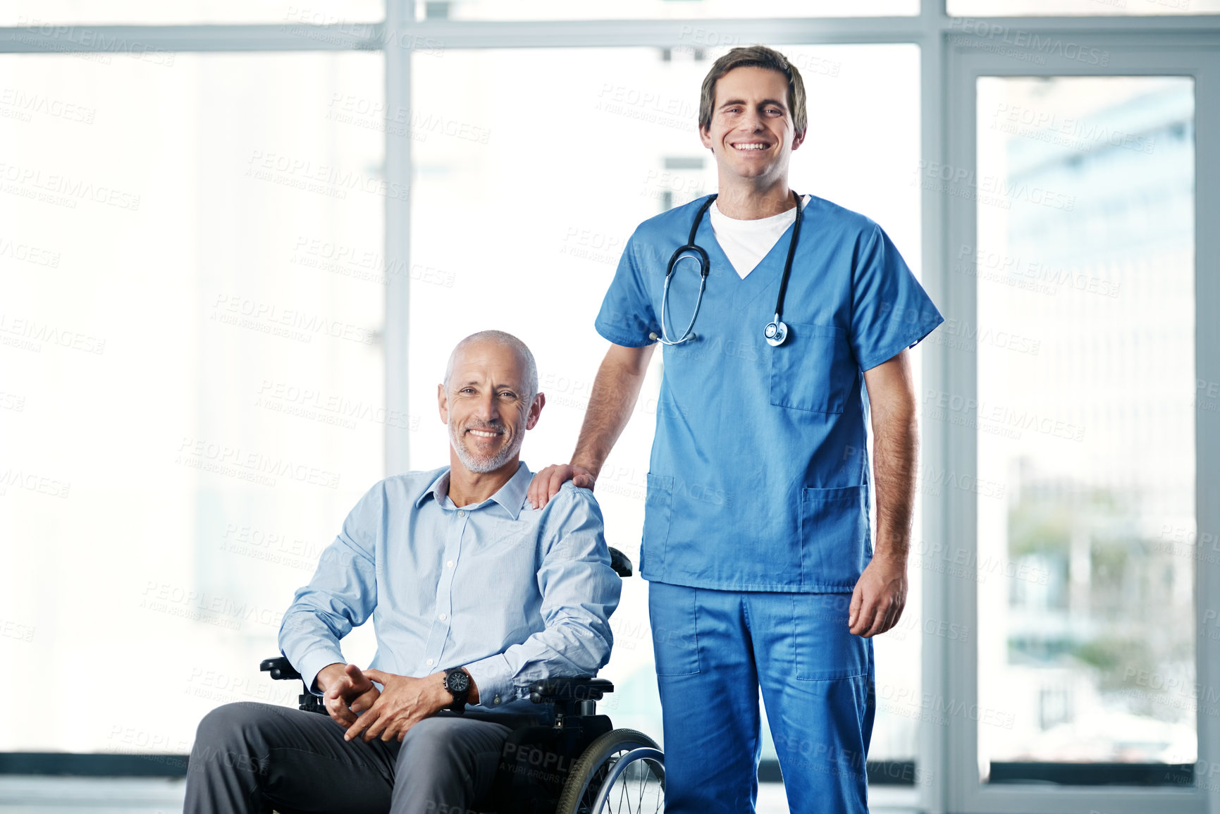 Buy stock photo Man, wheelchair and doctor for healthcare, medical or help for community care patient. Disabled, smile or disability with portrait of male person and carer, happy or rehabilitation with nurse service