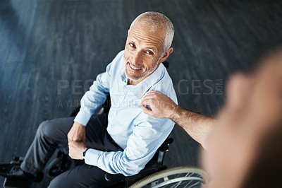 Buy stock photo High angle shot of a senior patient being cared for by a male nurse