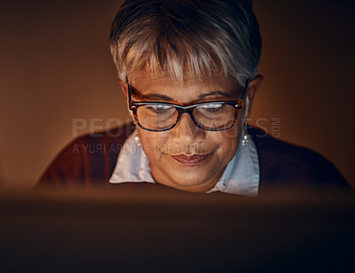 Buy stock photo Creativity, night and mature woman with pc, online reading and internet with connection. Senior person, writer or publisher with glasses, deadline and writing for manuscript, article or approve draft