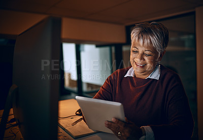 Buy stock photo Night, tablet and mature business woman check email, update app and overtime in startup. Smile, technology and manager or news editor research for article, story review and reading creative feedback