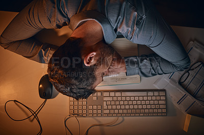 Buy stock photo Business, man and sleeping in office at night with burnout, overtime and exhausted from project deadline. Professional, employee and resting on desk with depression, stress and overworked on top view