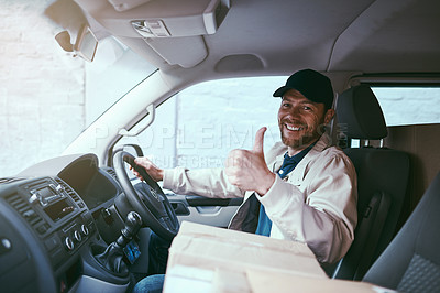 Buy stock photo Portrait of a cheerful young delivery man seated in his car with boxes while showing thumbs up during the day