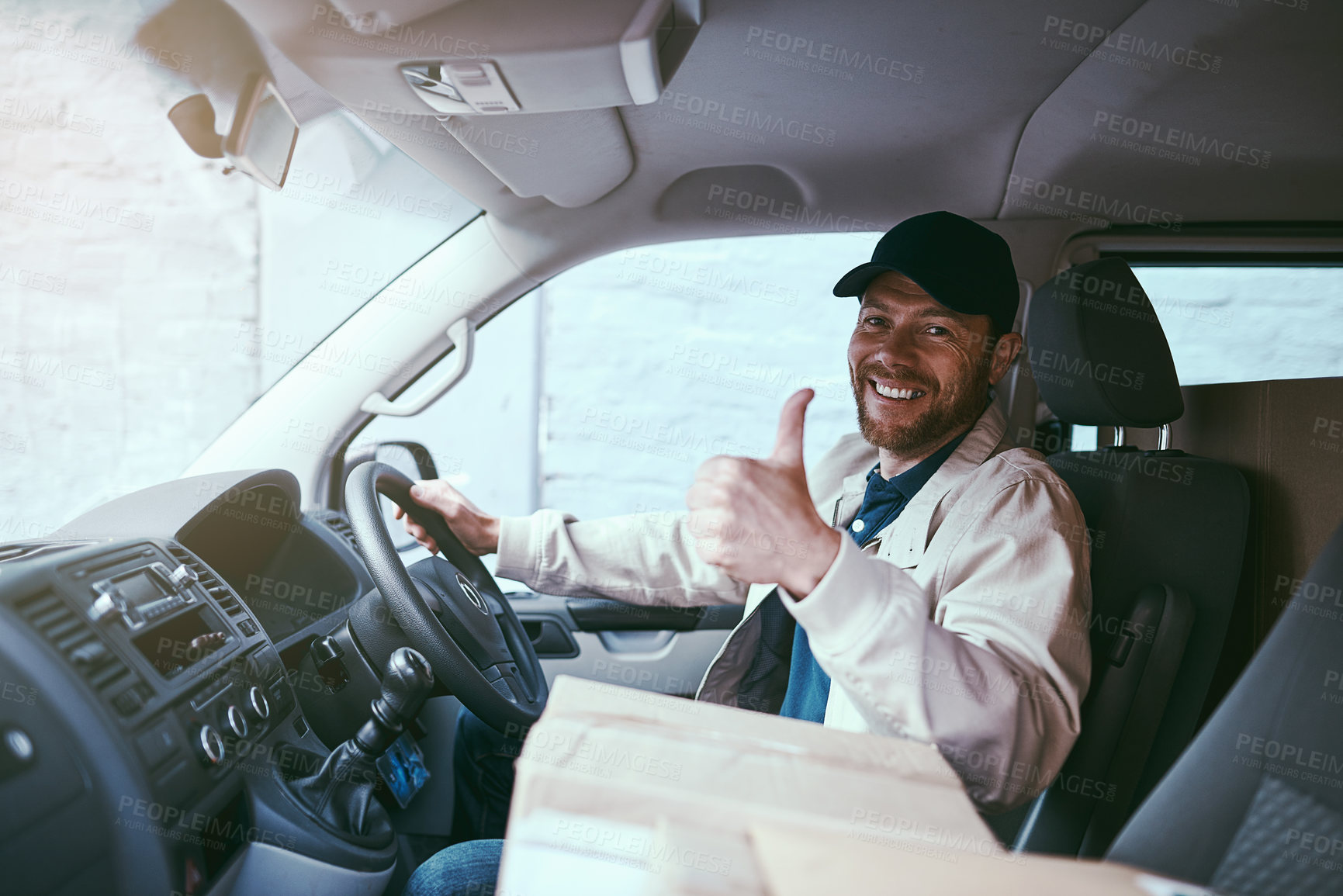 Buy stock photo Delivery man, thumbs up and boxes in van with portrait, stock or happy for product, supply chain or shipping. Person, driver and courier with smile for sign, emoji or choice for good service in car