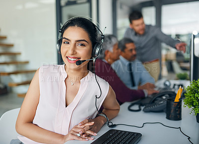 Buy stock photo Portrait of a young woman working in a call centre