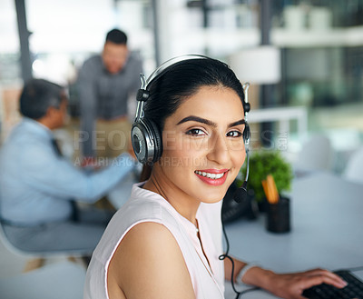 Buy stock photo Woman, call center and portrait by computer for consulting, listening and smile with voip in office. Agent, headphones and mic for tech support, telemarketing and happy for customer care with advice