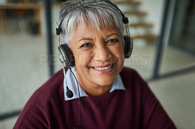 Buy stock photo Mature woman, call center and office in portrait with pride, happy and consulting with voip at job. Agent, headphones and mic for tech support, telemarketing or customer care with smile in workplace