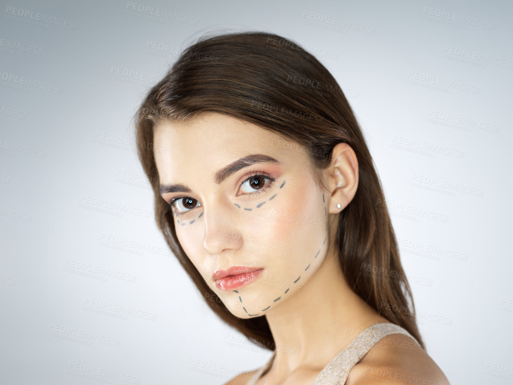 Buy stock photo Woman, face and lines in studio for plastic surgery, chin augmentation and cosmetic procedure. Female person, portrait and dermal filler on white background for skin, liposuction and transformation