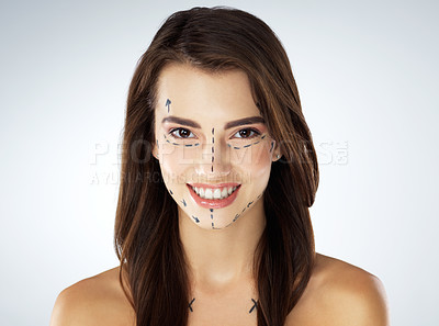 Buy stock photo Plastic surgery, facelift and portrait of woman in studio for skincare, beauty and facial treatment. Dermatology, dermal filler and person for cosmetics, drawing line and collagen on white background