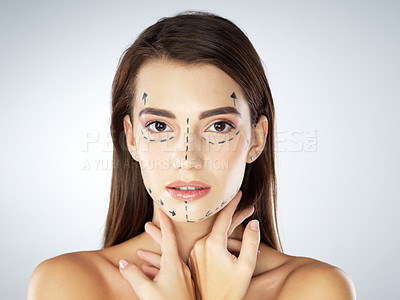 Buy stock photo Plastic surgery, dermatology and portrait of woman in studio for skincare, beauty and facial treatment. Lines, dermal filler and person for cosmetics, facelift and collagen on white background