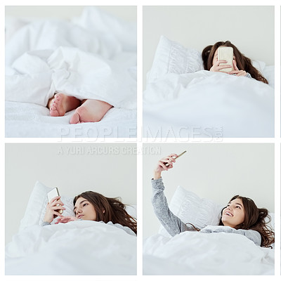 Buy stock photo Composite shot of an attractive young woman busy with her phone while lying in bed at home during the day