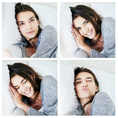 Buy stock photo Composite shot of an attractive young woman taking self portraits and blowing kisses while lying in bed at home during the day