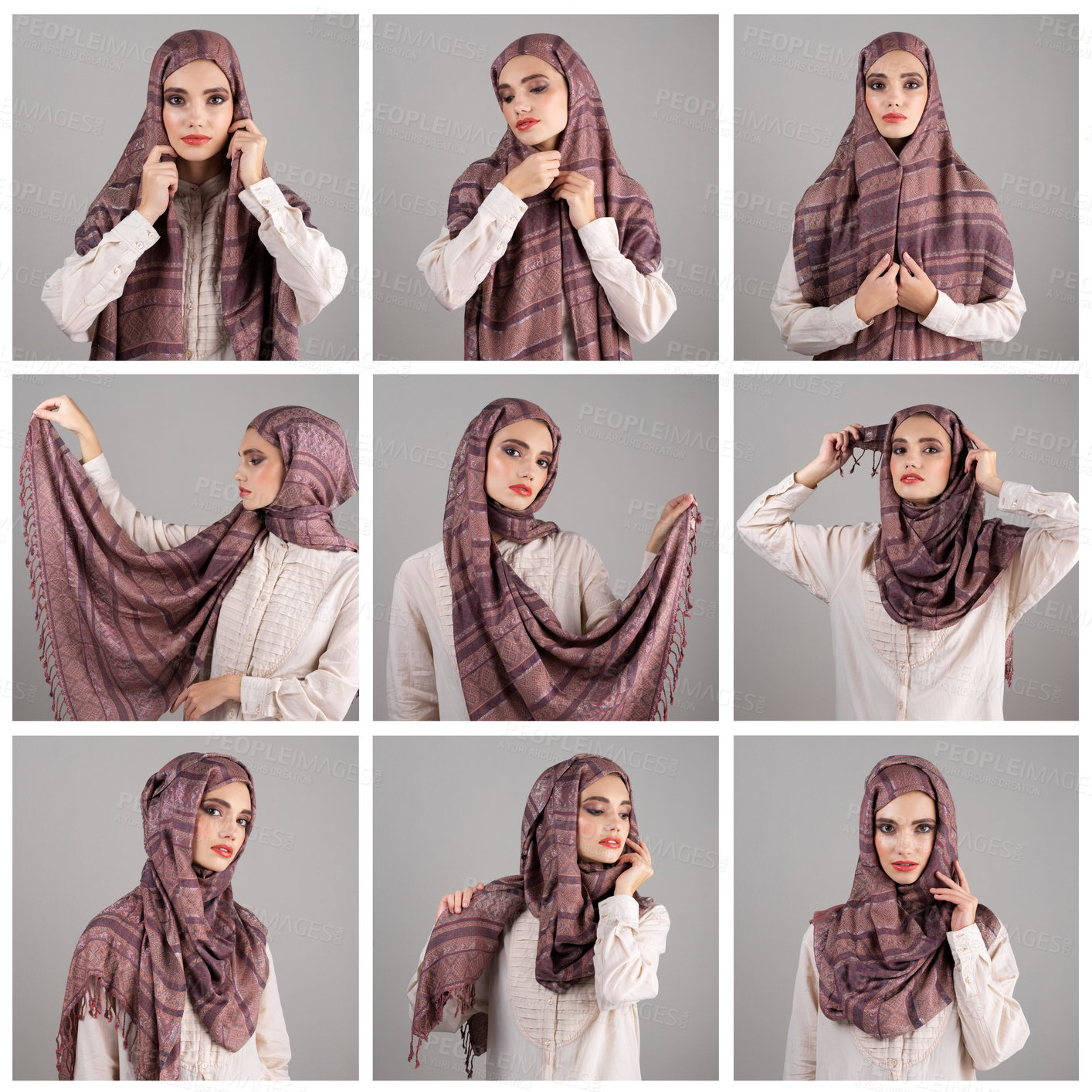 Buy stock photo Composite studio shot of a confident young woman wearing a head scarf and doing different types of poses against a grey background