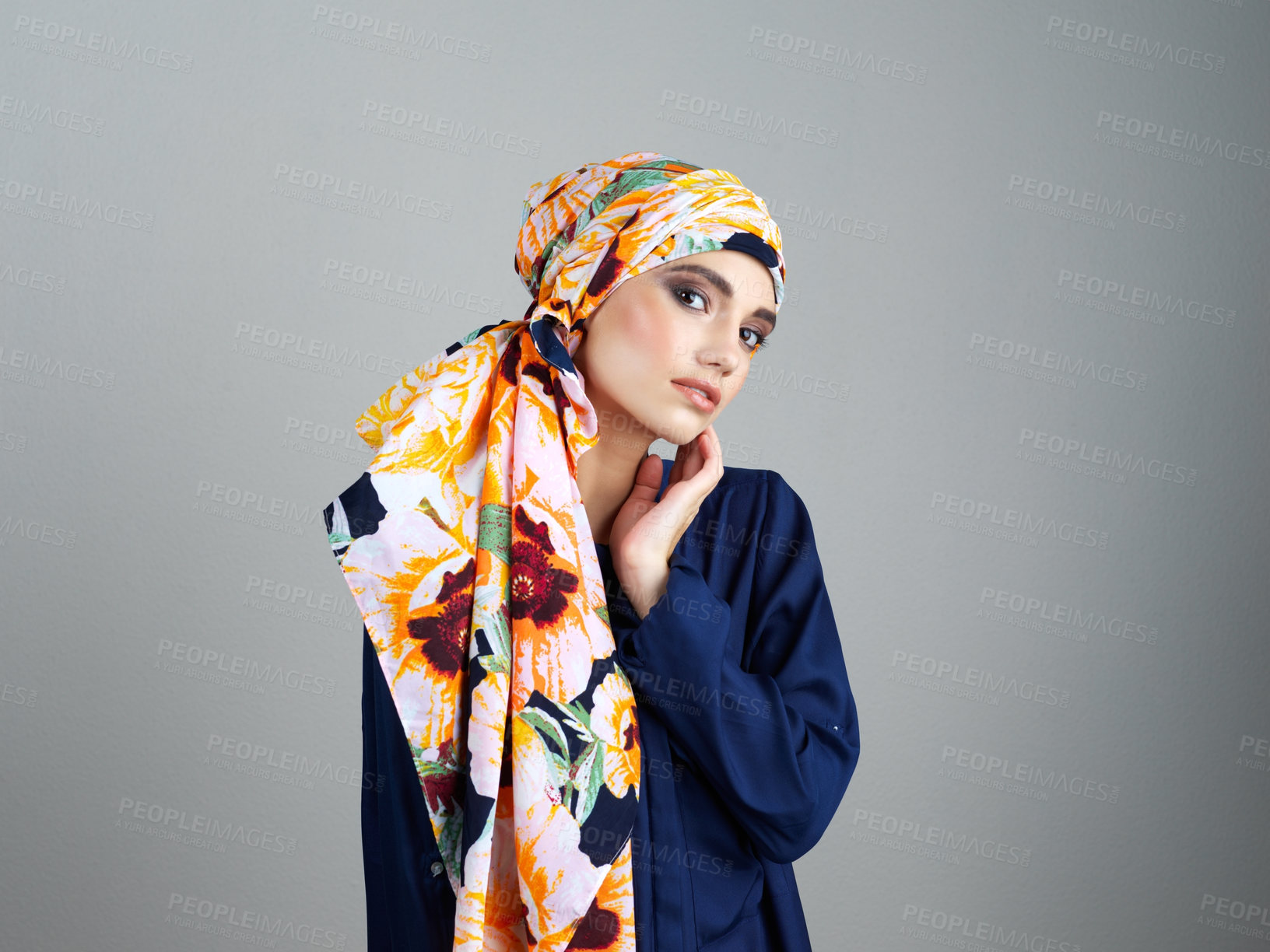 Buy stock photo Hijab, fashion and portrait of woman in studio for islamic, arabic culture and modest clothes. Raya, eid Mubarak celebration and elegance with muslim person on grey background for oriental design