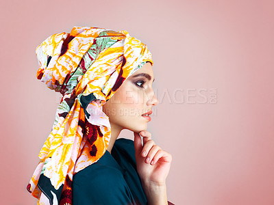 Buy stock photo Hijab, profile and thinking with woman in studio for islamic fashion, arabic culture or modest clothes. Raya, eid Mubarak celebration and elegance with muslim person on background for oriental design