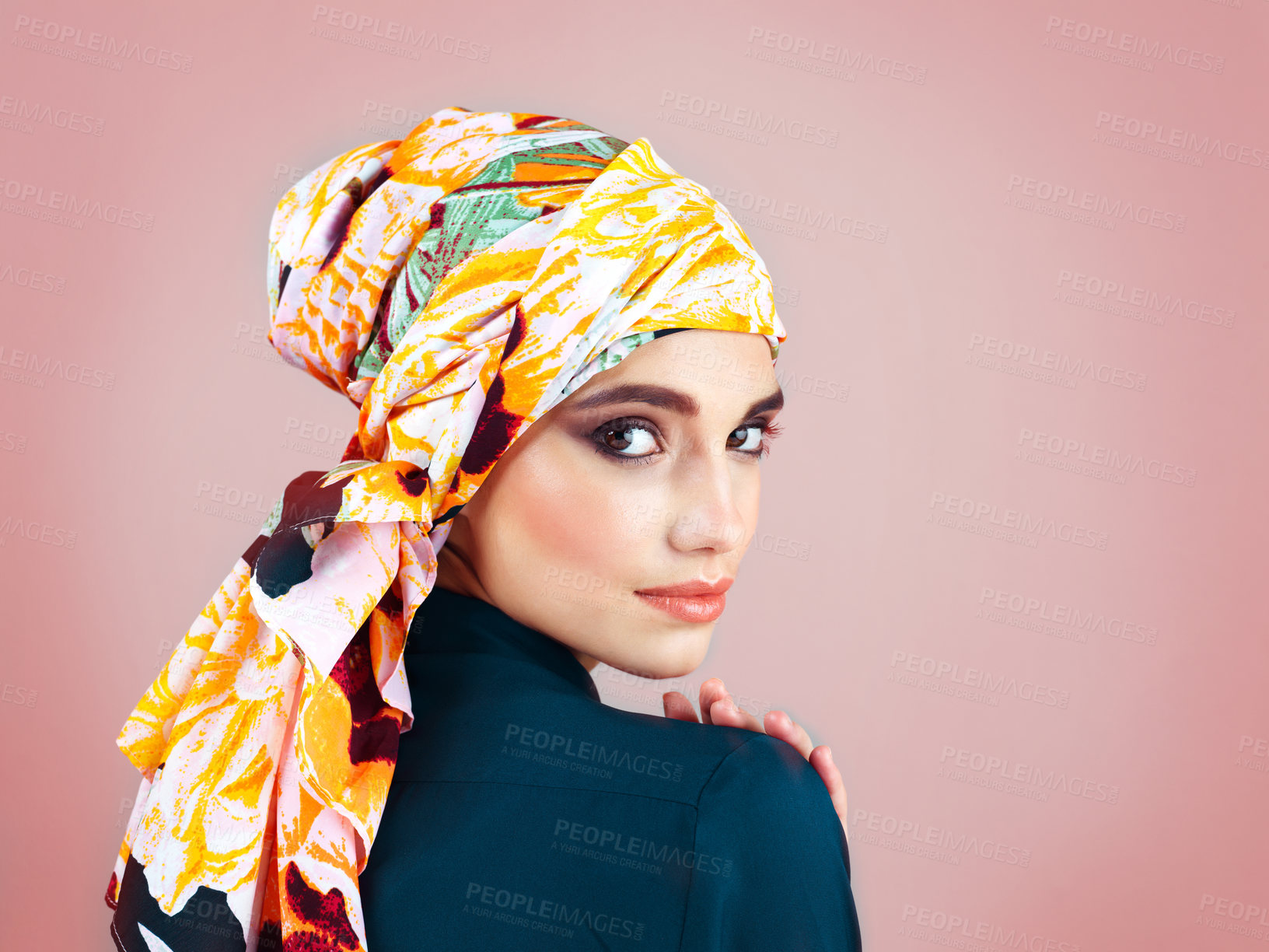 Buy stock photo Muslim, portrait and fashion with woman in studio for islamic style, arabic culture and modest clothes. Raya, eid Mubarak celebration and hijab with person on background for oriental design
