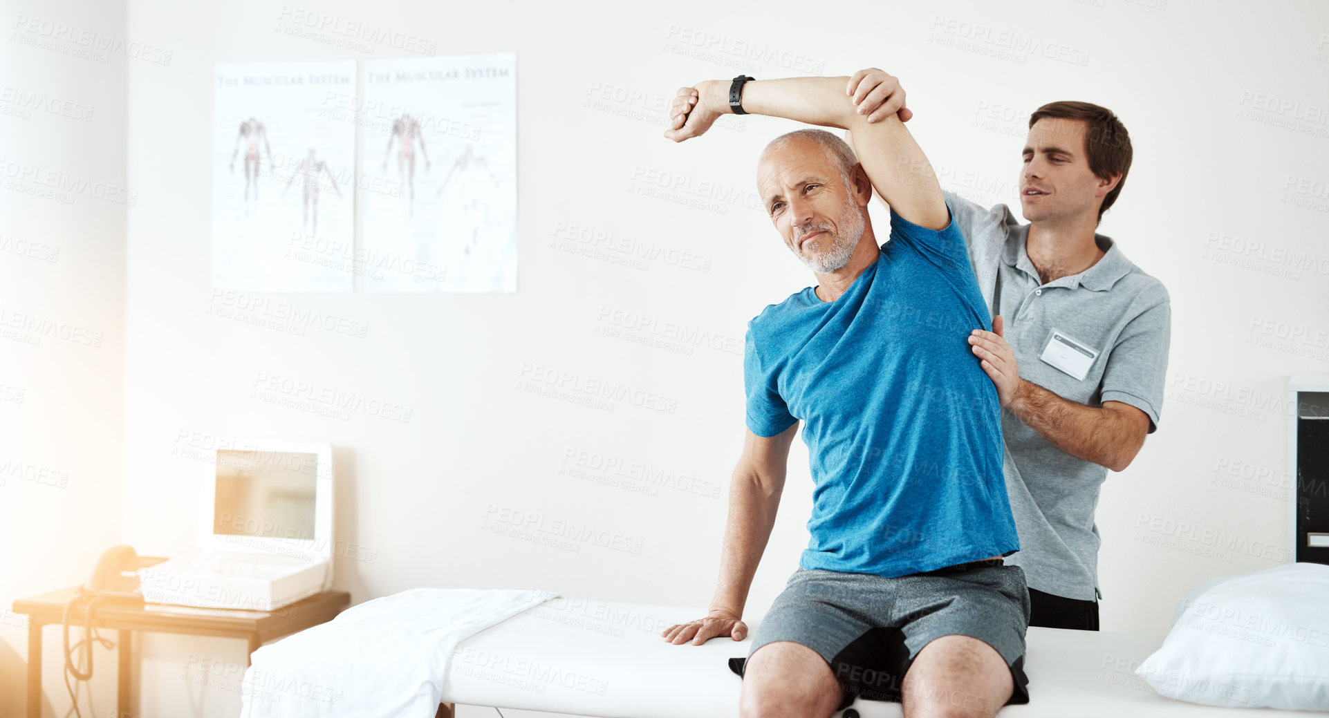 Buy stock photo Stretching, physiotherapy and a man with a doctor for rehabilitation, fitness and health support. Healthcare, sports training and a physiotherapist with a senior patient and arm stretch after injury