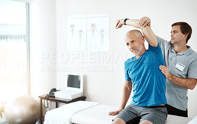 Buy stock photo Stretching, physiotherapy and a man with doctor for physical therapy, fitness and health support. Healthcare, sports training and a physiotherapist with a senior patient and arm stretch after injury