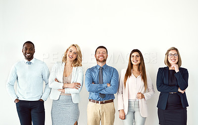 Buy stock photo Law portrait, smile and teamwork of business people by white wall background mockup in workplace. Face, confident group and lawyers standing together with arms crossed, diversity and collaboration.