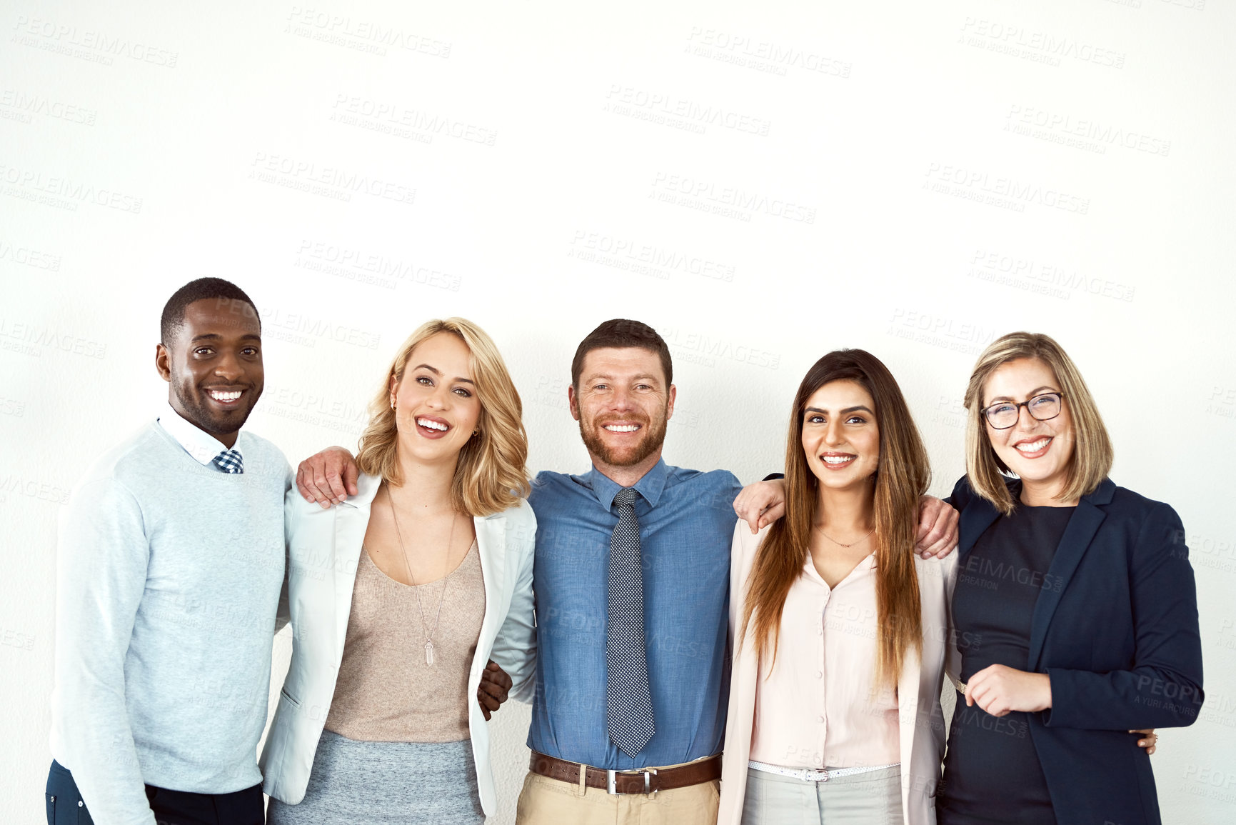 Buy stock photo Collaboration, portrait and smile of lawyers by white wall background or mockup in workplace. Confident face, law group and business people standing together with teamwork, diversity and cooperation.