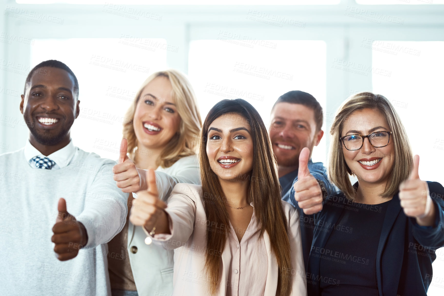 Buy stock photo Happy, portrait and group of business people with thumbs up in office workplace. Face, hand gesture and employee teamwork with like emoji for success, ok or agreement, approval and thank you sign.