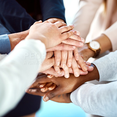 Buy stock photo Team building, support or hands of business people in stack for, partnership, support or community mission. Trust, motivation or closeup of corporate group of workers with goals or target in meeting