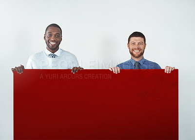 Buy stock photo Portrait, men and billboard in advertising for teamwork on mock up space or white background. Male people, poster and financial advisor in savings, investment or information for insurance sales in UK