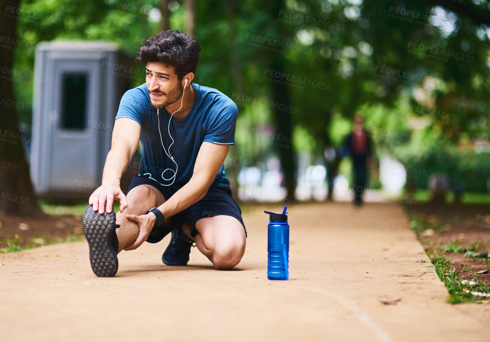 Buy stock photo Man, think and stretching legs for fitness, exercise and preparation to run marathon in park. Outdoor, male person and warm up before training, workout challenge and ideas of runner for sport journey