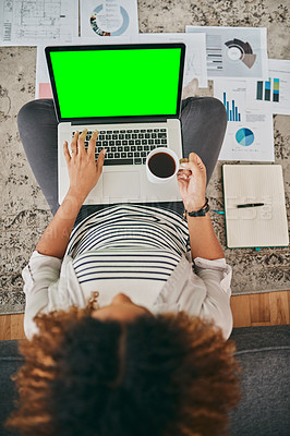 Buy stock photo Above, remote work and woman with laptop green screen for planning, finance management and paper on floor. Entrepreneur, business plan and computer in home for research, startup budget and coffee