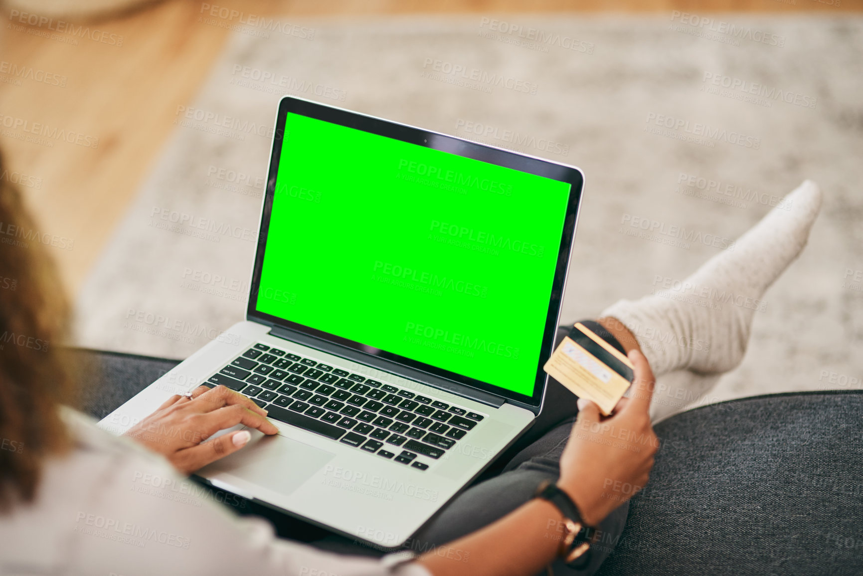 Buy stock photo Person, credit card with laptop green screen for online shopping, finance management and checkout in home. Woman, plastic and computer mock up in lounge for ecommerce, website subscription or payment