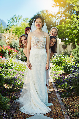 Buy stock photo Bridesmaids, women and portrait for marriage in nature with friends, solidarity with inclusion for event. Female people, outdoor or together for commitment to love or wedding, unity in Australia