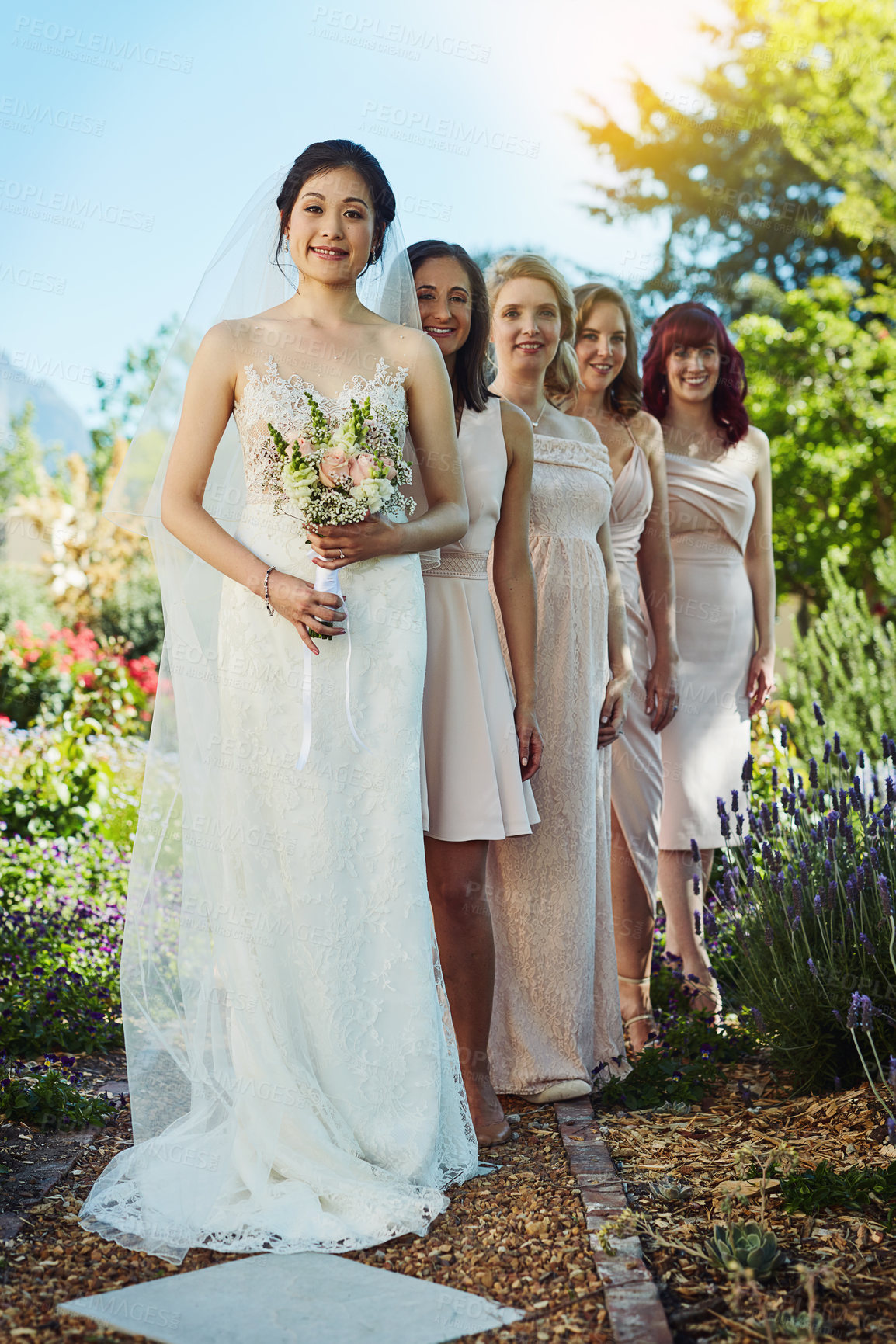 Buy stock photo Bridesmaids, women and portrait for marriage in outdoor with friends, solidarity with inclusion for event. Female people, nature or together for commitment to love or wedding with unity in Australia