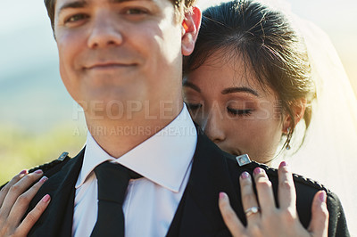 Buy stock photo Couple, portrait and outdoor wedding with hug, security and inhale scent of husband for comfort. People, embrace and countryside reception in Scotland for marriage, romance and breathing in spouse