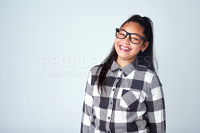 Buy stock photo Studio, fashion and portrait of girl with glasses for clear vision, eye care and optometry. Kid, mockup and smile of child with happiness for eyesight, pride and confidence on white background