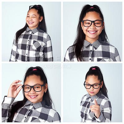 Buy stock photo Girl, fashion and happy with confidence in studio on blue background in casual, style and comfortable. Collage, teen and glasses in portrait with smile for clothes or street wear, outfit and fun


