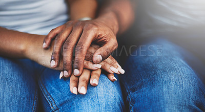 Buy stock photo Support, unity and couple holding hands for love, care and trust while at therapy session. Empathy, hope and closeup of people in an intimate moment with affection gesture for sympathy, grief or loss