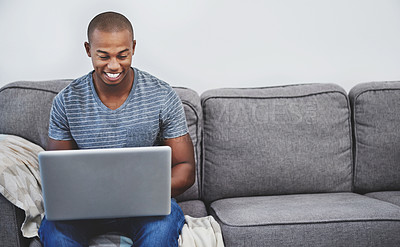 Buy stock photo Sofa, smile and black man with laptop for email, networking and online freelance project in home. Relax, remote work and consultant on couch with computer for streaming, research or web subscription.