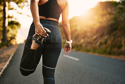 Buy stock photo Woman, back view and stretching with legs on road for running, exercise or outdoor workout in nature. Female person, athlete or runner getting ready or warm up for cardio training on mountain street