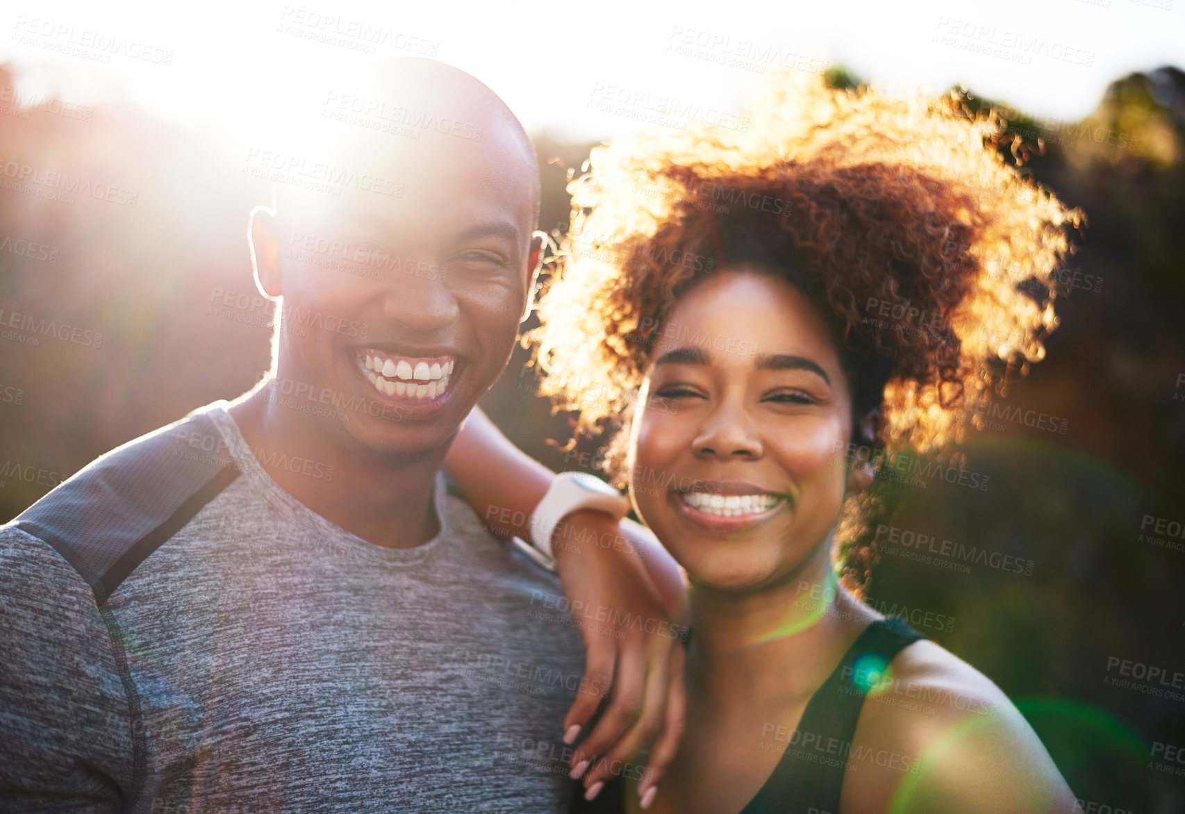 Buy stock photo Happy, black couple and portrait with fitness in nature for exercise, outdoor training or workout together. African man and woman with smile or partner for running, cardio or marathon on mountain