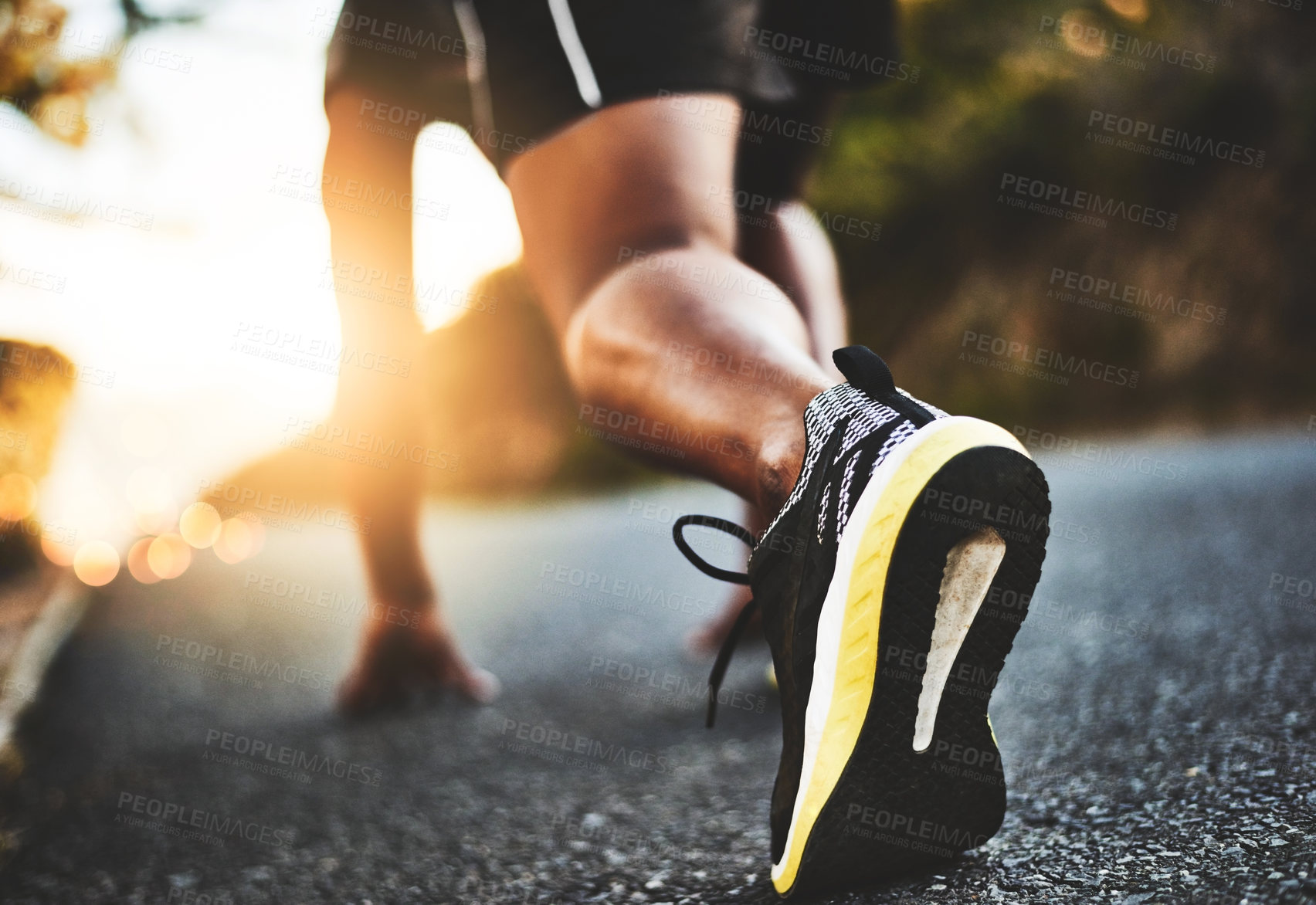 Buy stock photo Person, legs and running start with shoes in street for morning workout, race or outdoor exercise. Closeup of active athlete, runner or sprinter ready for fitness, cardio or challenge on asphalt road