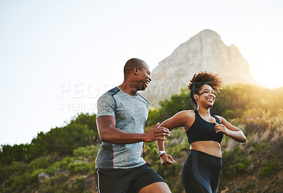 Buy stock photo Sports, workout and couple walking by a mountain training for a race, marathon or competition. Fitness, nature and athletes doing an outdoor cardio exercise for health, energy and endurance at sunset