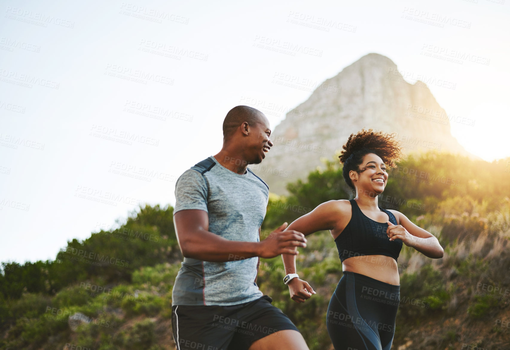 Buy stock photo Sports, workout and couple walking by a mountain training for a race, marathon or competition. Fitness, nature and athletes doing an outdoor cardio exercise for health, energy and endurance at sunset