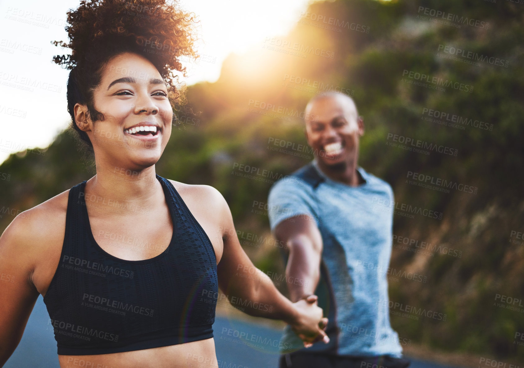 Buy stock photo Holding hands, couple and running on mountain for workout, exercise and fitness or cardio for wellness. Sunshine, woman and happy man in nature for health, performance or marathon training in morning