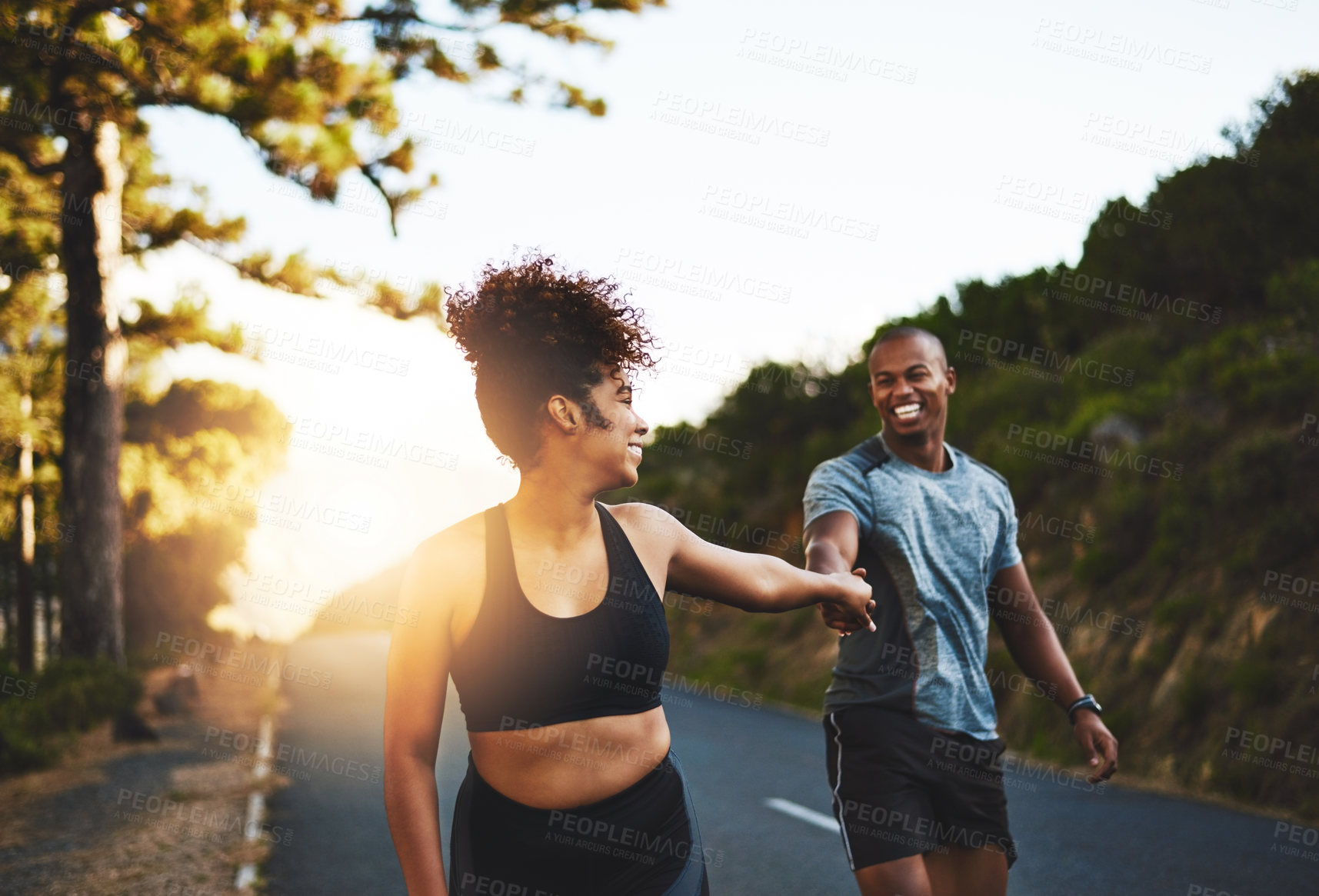 Buy stock photo Fitness, couple and holding hands on mountain for running, exercise and cardio for wellness. Sunshine, happy man and woman in nature for health, support and performance for marathon training or race