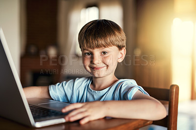 Buy stock photo Portrait, boy and laptop with help for homework, study and online for preschool, e learning and growth. Happy kid, tech and educational games in home for language, math or skill for child development