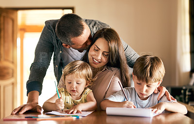 Buy stock photo Family, growth and homework with children, drawing and notepad with proud parents for learning. Kids, home school or study with siblings, mother and father in kitchen for development or teaching