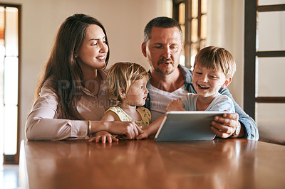 Buy stock photo Family, parents and children on tablet for e learning cartoon, online education and watch or home streaming. Happy kids and mom with dad on digital technology for teaching support and school website