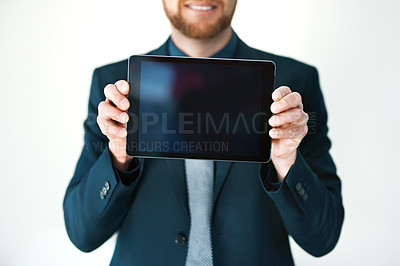 Buy stock photo App, hands and tablet screen with employee man in office for advertising, information or marketing. Internet, social media and technology with business person showing mockup space in workplace