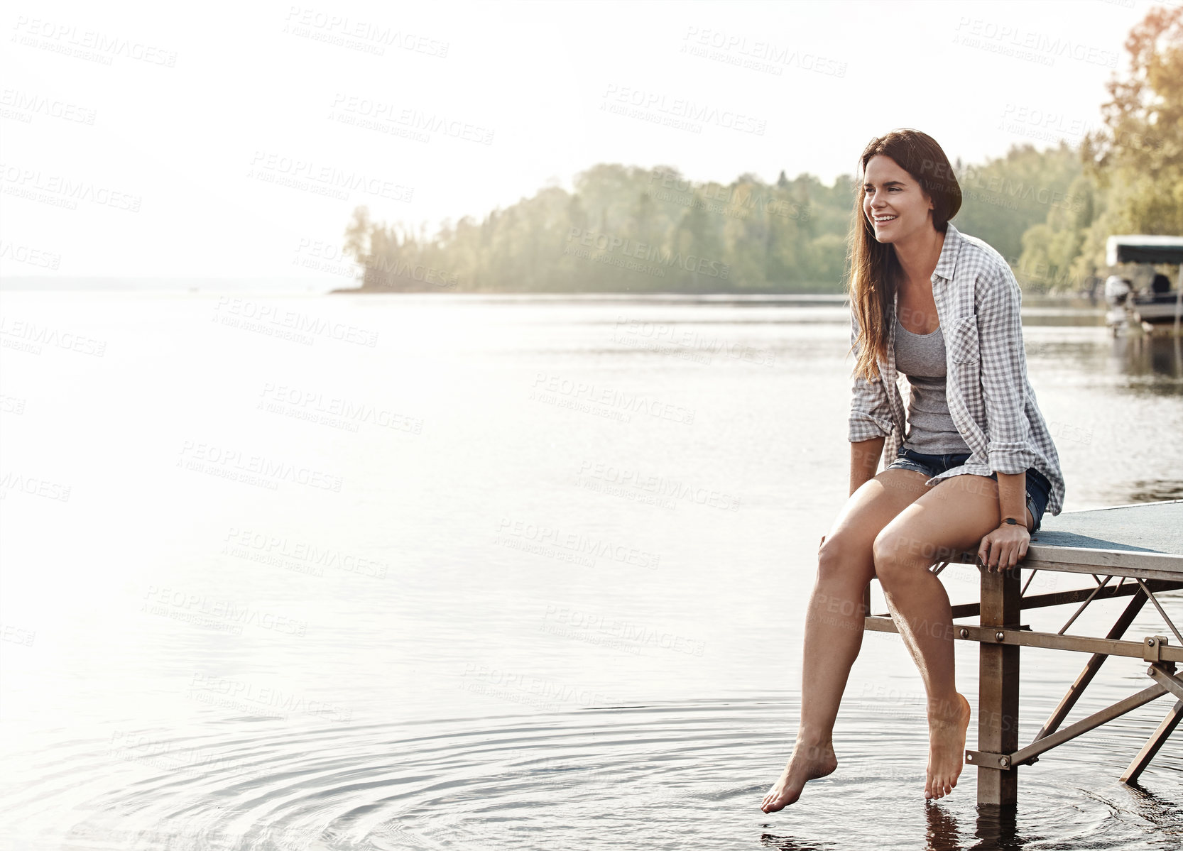 Buy stock photo Woman, lake and relax on vacation with adventure for wellness, outdoor freedom or journey to Indonesia. Female student, river and happiness for nature travel with water in summer, smile for holiday